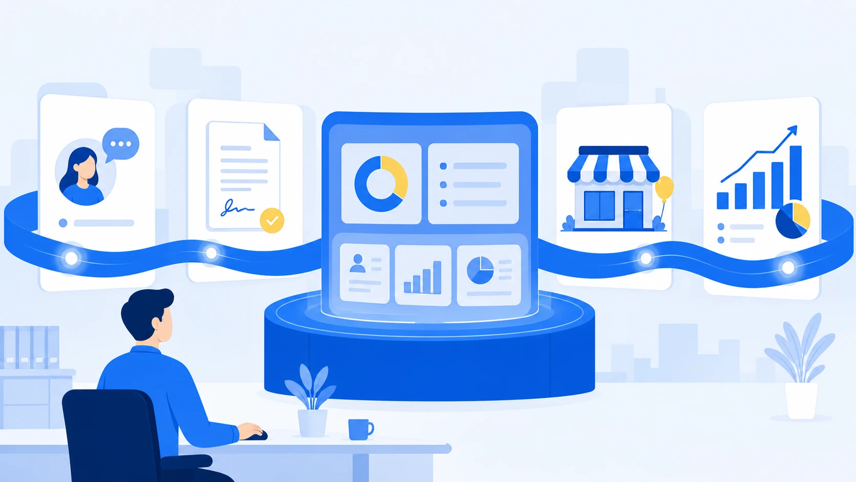 Franchisor headquarters staff viewing consultation, contract, opening, and operation data on a single screen