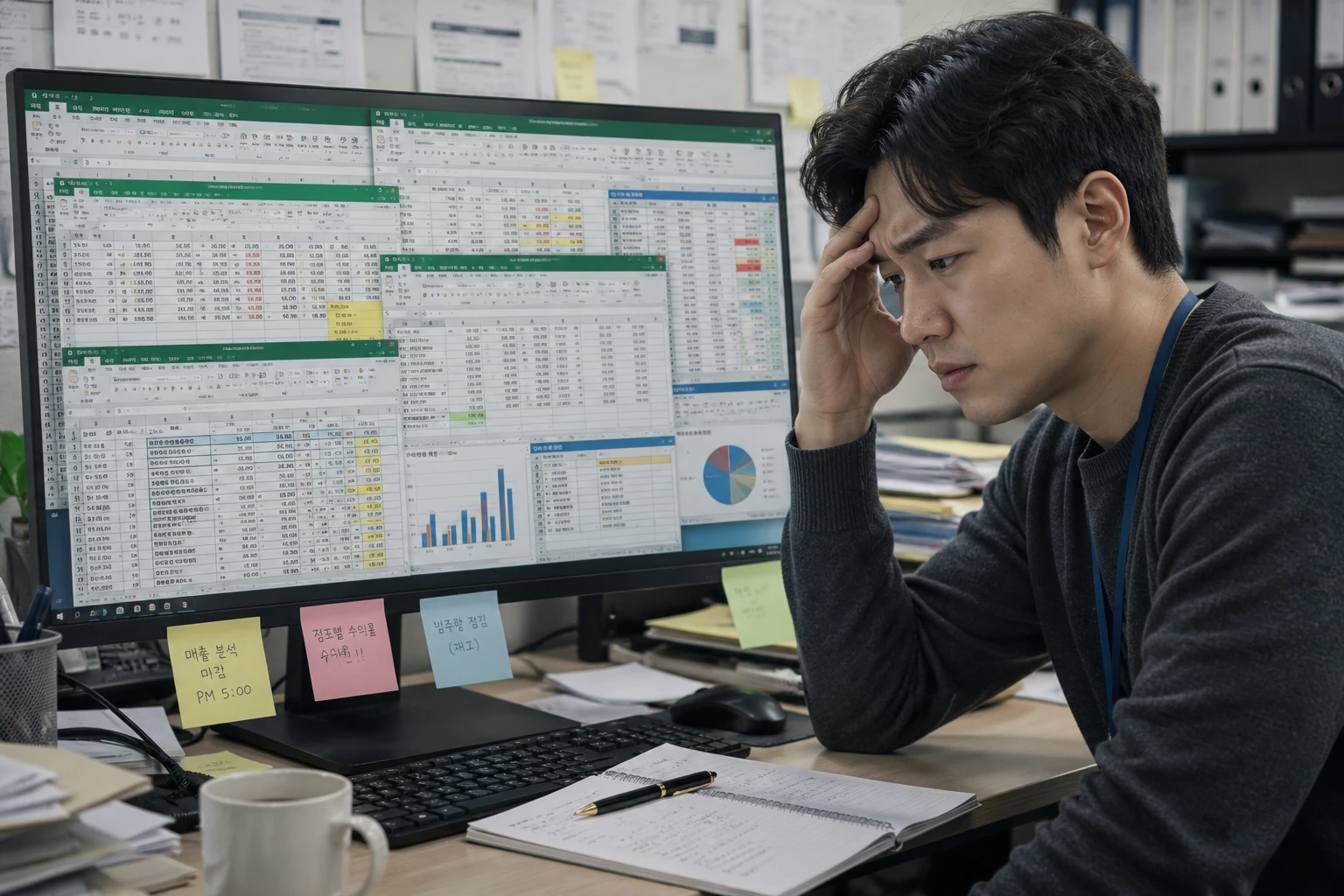 Supervisor comparing various franchise location data in an Excel file — shows cost ratio, profit margin, and inventory status per store