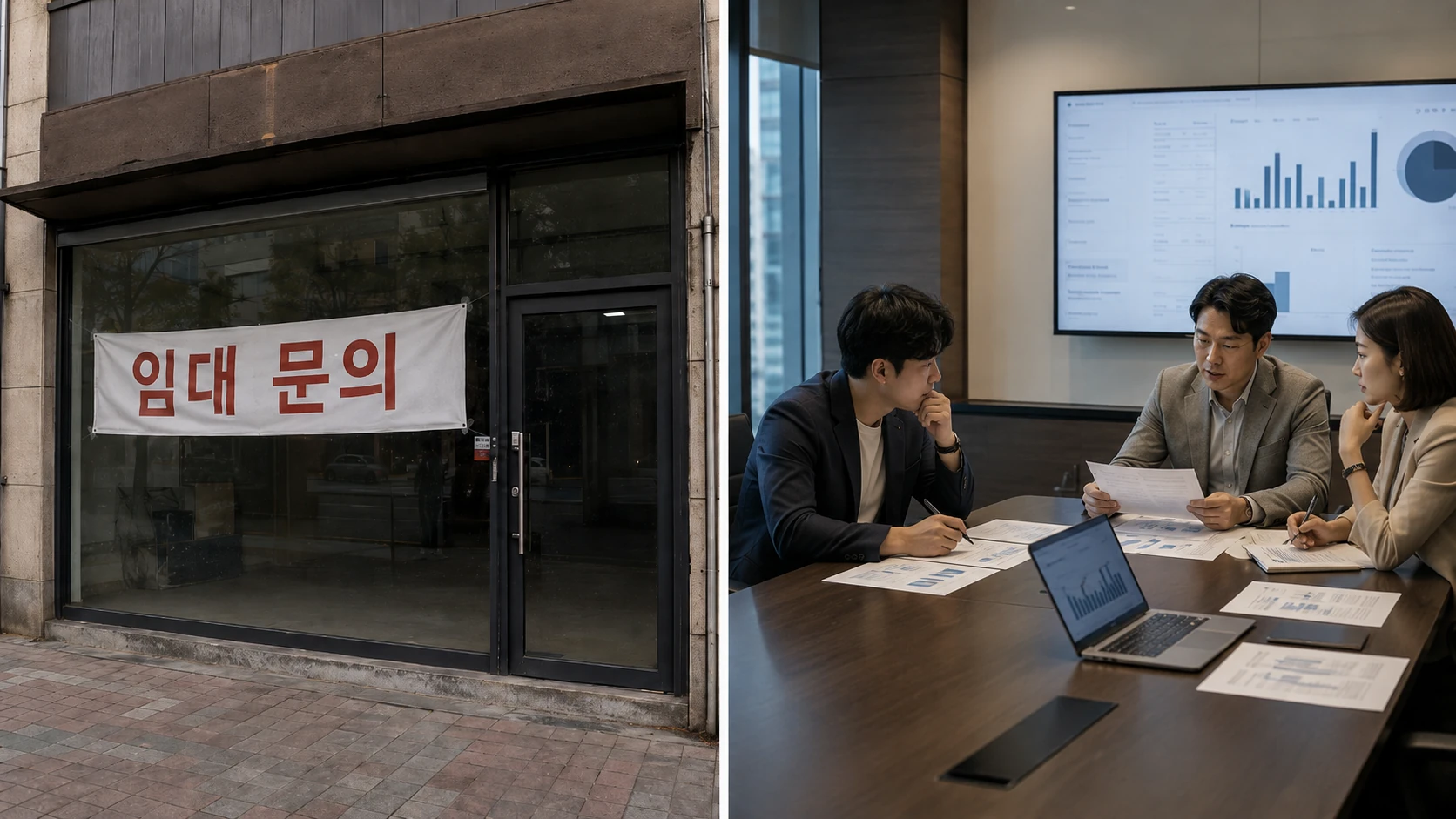 Two shots contrasting a vacant storefront after a franchise location closure with a franchisor headquarters conference room — franchise location loss feeds brand trust erosion.