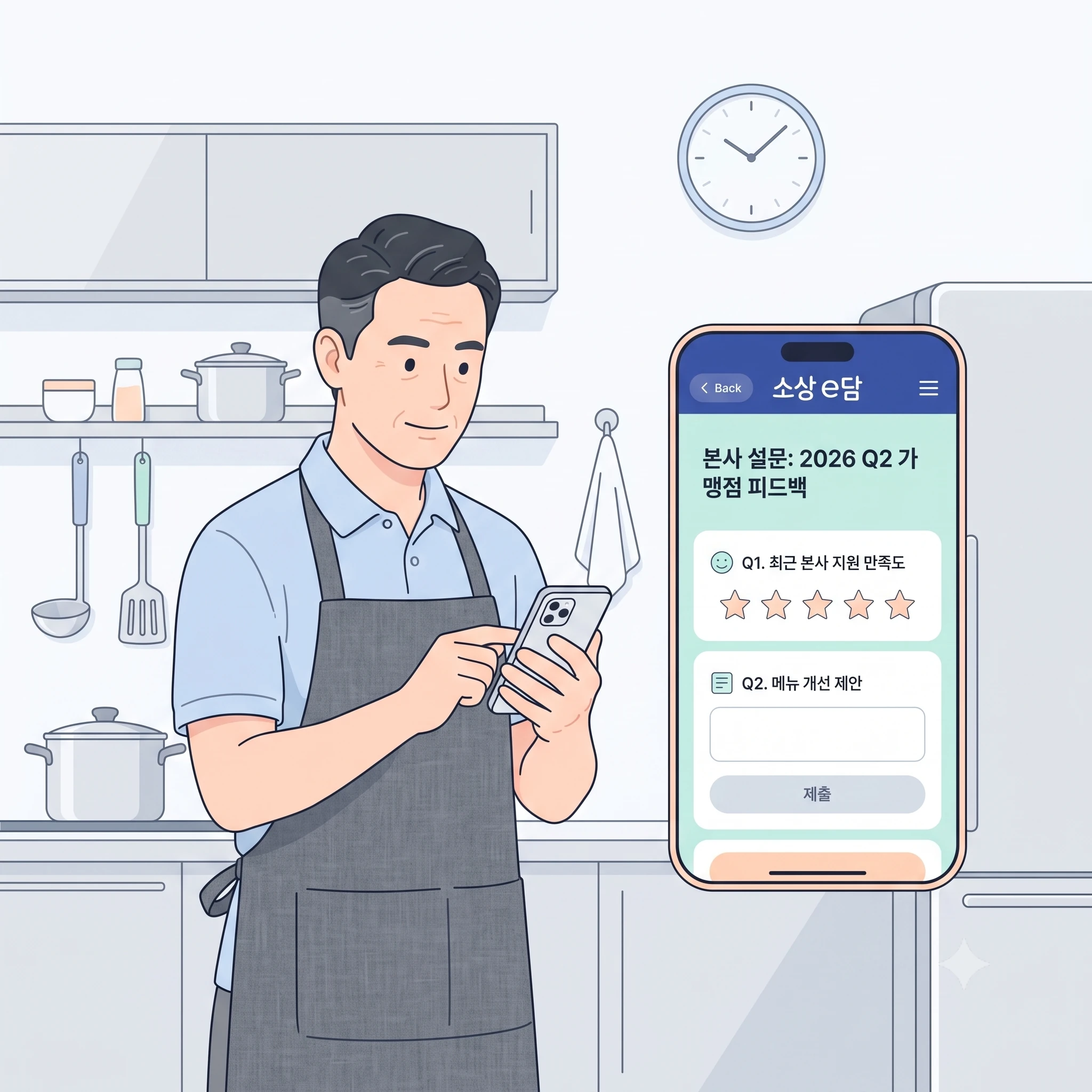 Franchisee viewing and responding to a franchisor headquarters survey on the Sodam (Sosangidam) app (mobile illustration)