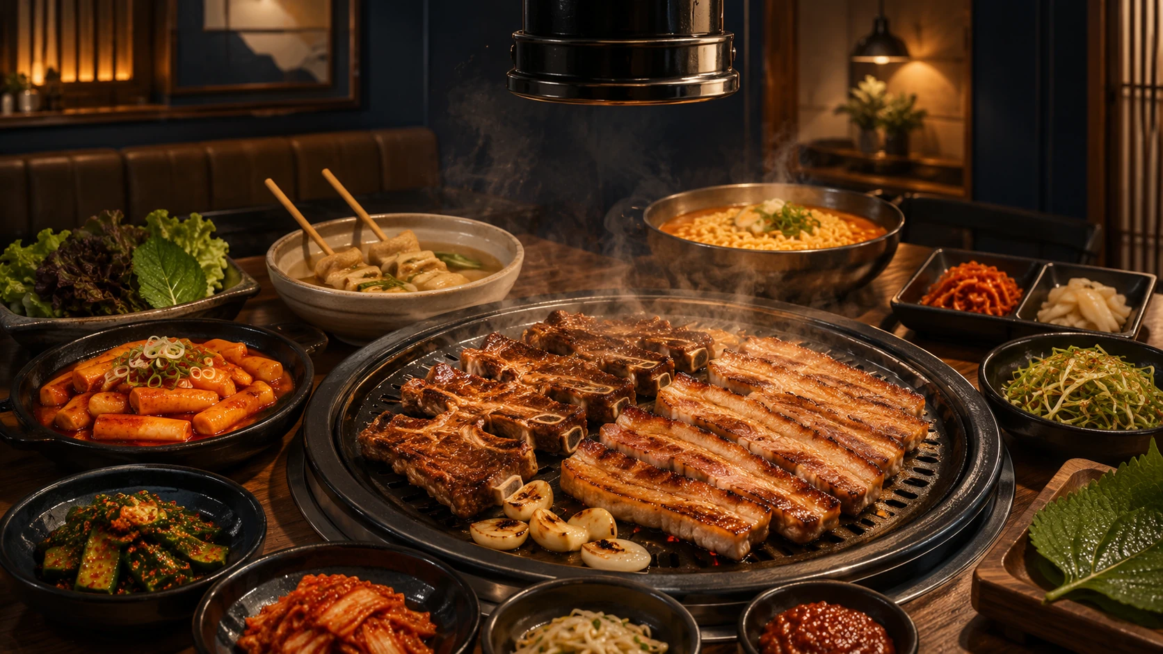 K‑BBQ course plating featuring grilled pork ribs alongside tteokbokki, fish cakes, and ramen.