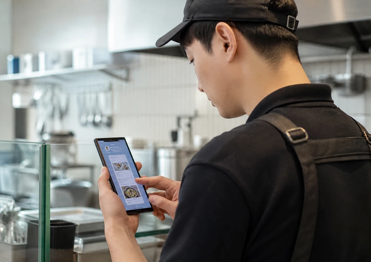 A franchisee checks a headquarters KakaoTalk notice on a mobile device