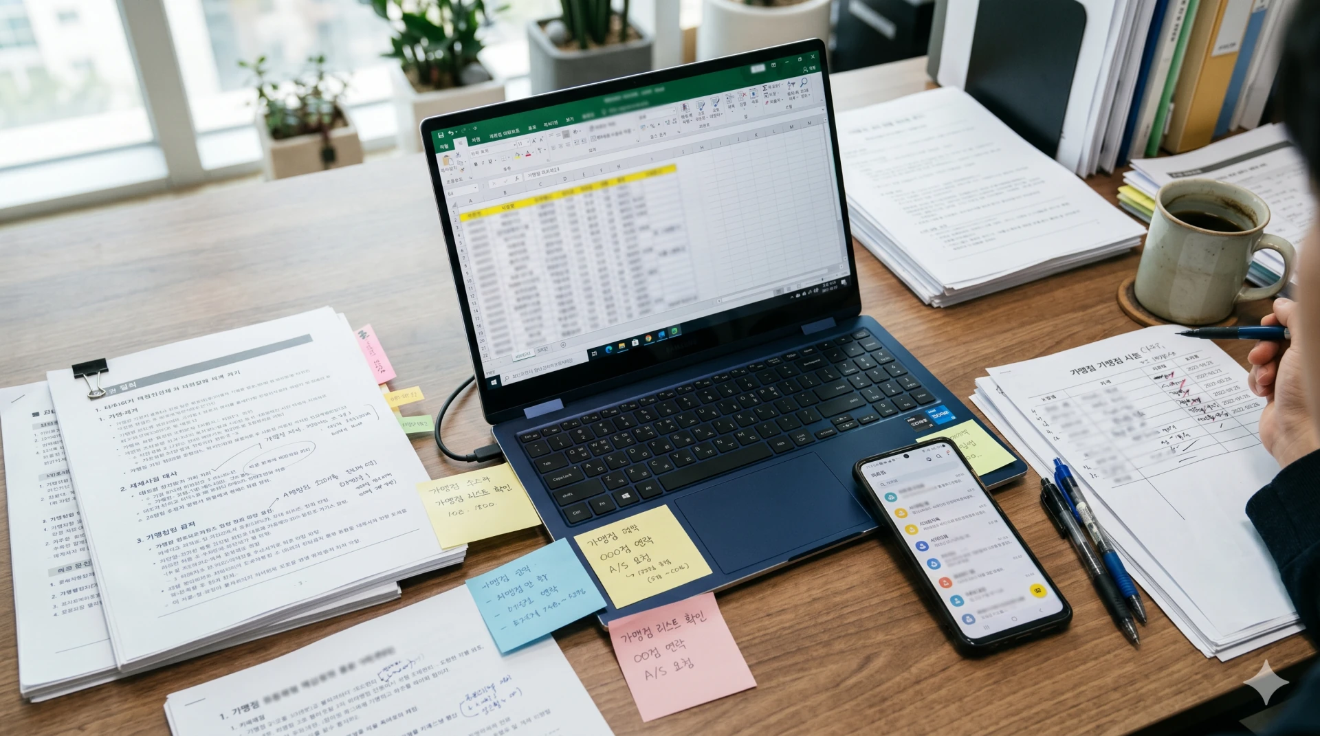 Printed manual on the franchisor headquarters operations manager’s desk, a smartphone displaying a KakaoTalk alert, and handwritten notes and Post‑its scattered messily