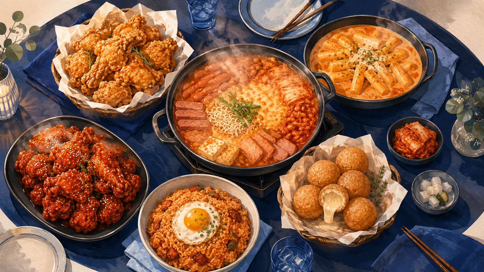 A K‑food dining spread featuring K‑chicken alongside Korean dishes such as budae jjigae and tteokbokki