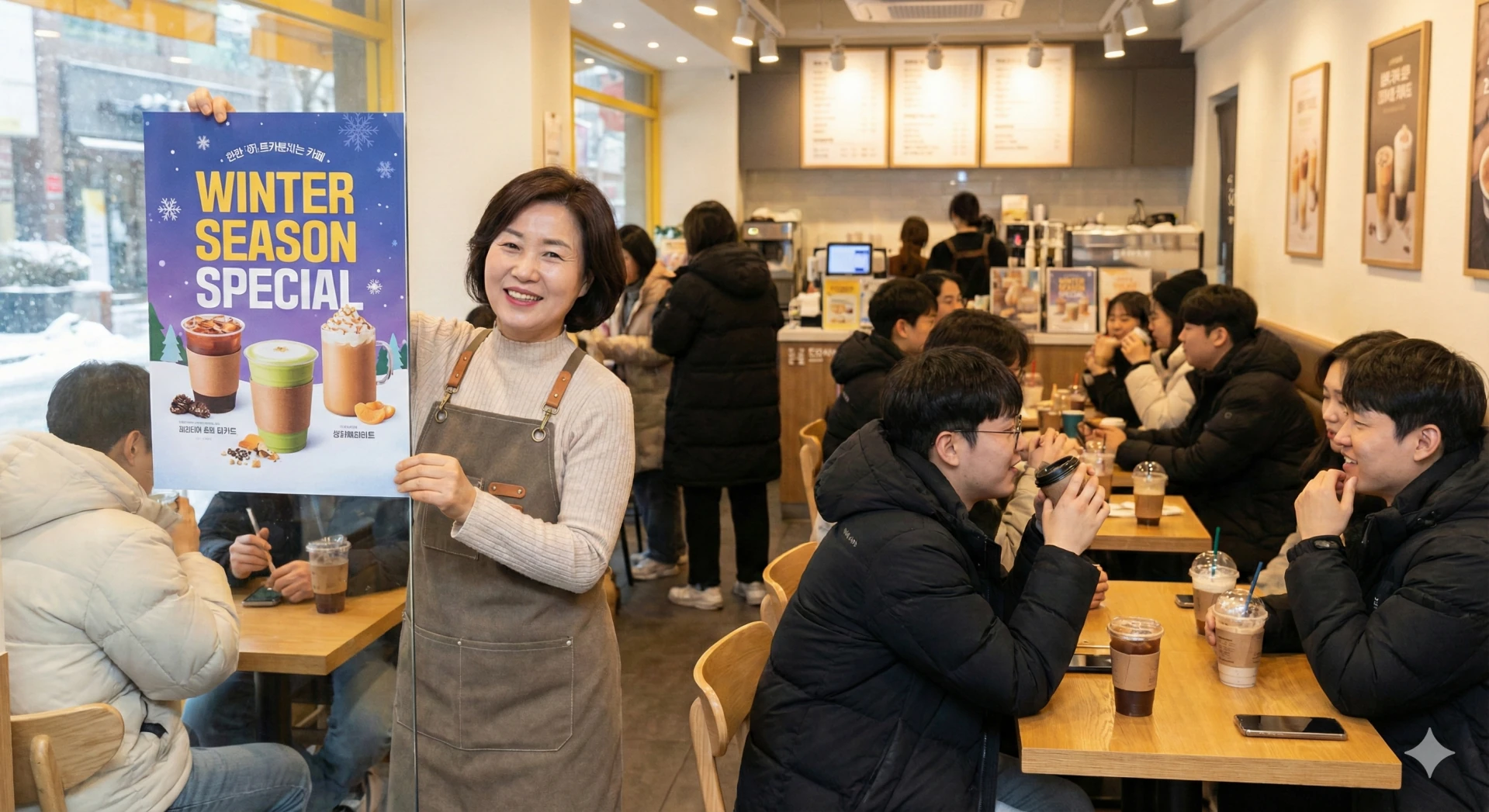 Season‑menu poster displayed at a café franchise location