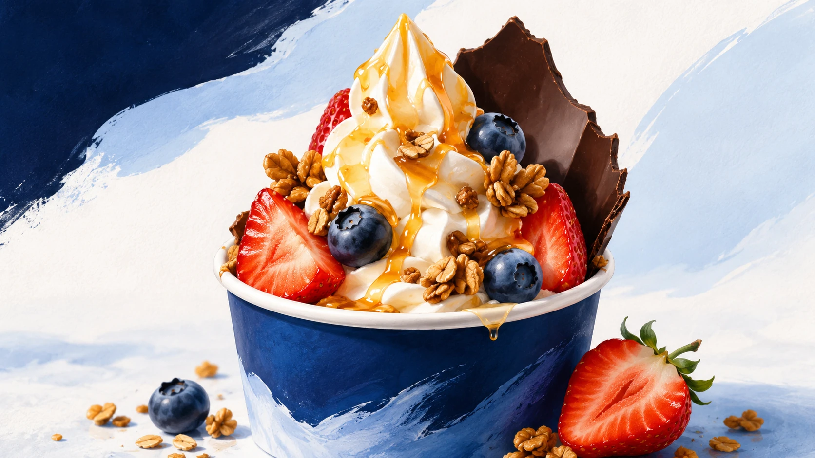 Customizable dessert topped with fresh fruit, granola, and chocolate on yogurt ice cream.
